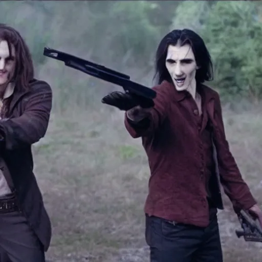 Prompt: Still of Vampires Holding Guns, incredibly terrible movie, downvoted heavily