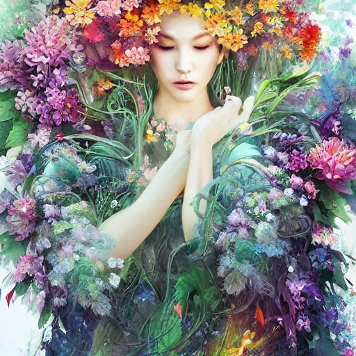 Image similar to a bouquet of ethereal big colorful transparent entangled flowers in the white comicy smoke, wild foliage, vivid, detailed painting, by Ross Tran, WLOP, artgerm and James Jean, masterpiece, award winning painting
