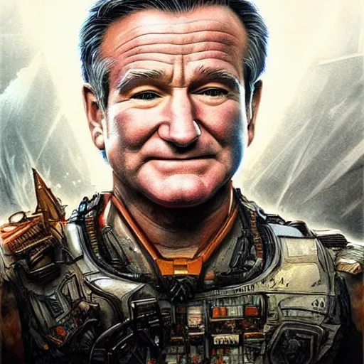 Image similar to Very very very very highly detailed epic photo of Robin Williams, intricate, dystopian, sci-fi, extremely detailed, digital painting, artstation, concept art, smooth, sharp focus, illustration, intimidating lighting, incredible art by Artgerm and Vincent di Fate