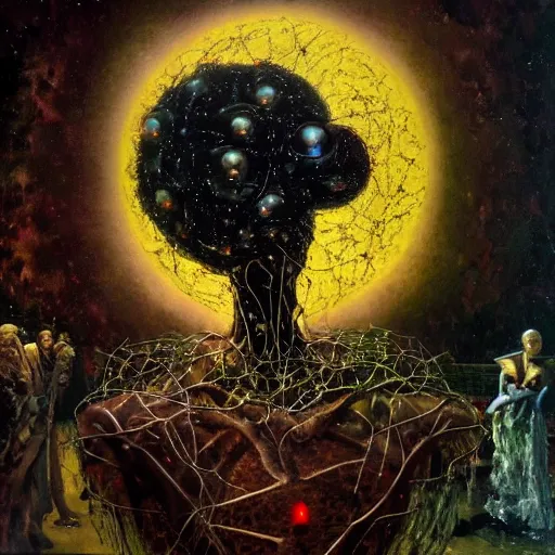 Image similar to one dark figure taming a supercomputer made of nervous system, channeling third eye energy, surrounded by a background of dark cyber mystic garden of earthly delights, midnight hour, painted part by wojciech siudmak, part by ilya repin, part by norman rockwell, part by hype williams, artstation