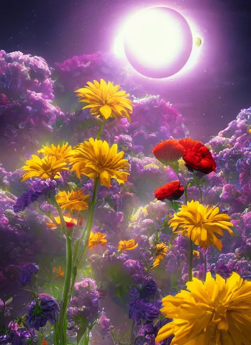 Image similar to An epic fantastic realism comic book style painting of the most beautiful flowers launched into space, bouquets, solar eclipse, fisheye, unreal 5, DAZ, hyperrealistic, octane render, dynamic lighting