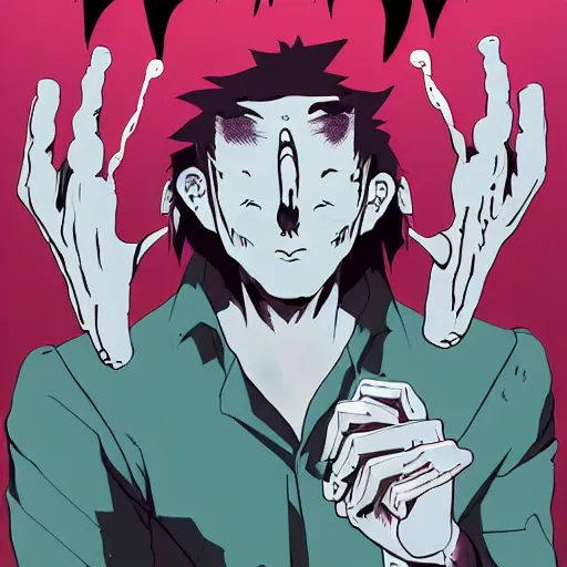 Image similar to portrait of mutant with horn in form of hand, anime, transplanted hand to head, surgery, like bebop, bump in form of hand, growth on head