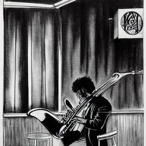 Image similar to saxophone player in a jazz cafe in tokyo by bernie wrightson