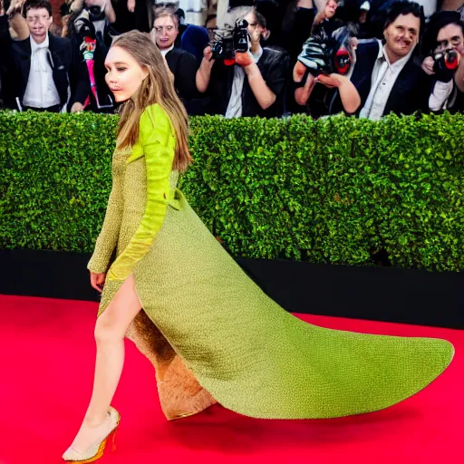 Prompt: elizabeth olsen walking on the red carpet, wearing an avocado suit with the pith in the middle, trending on unsplash, 4 k quality, intricate
