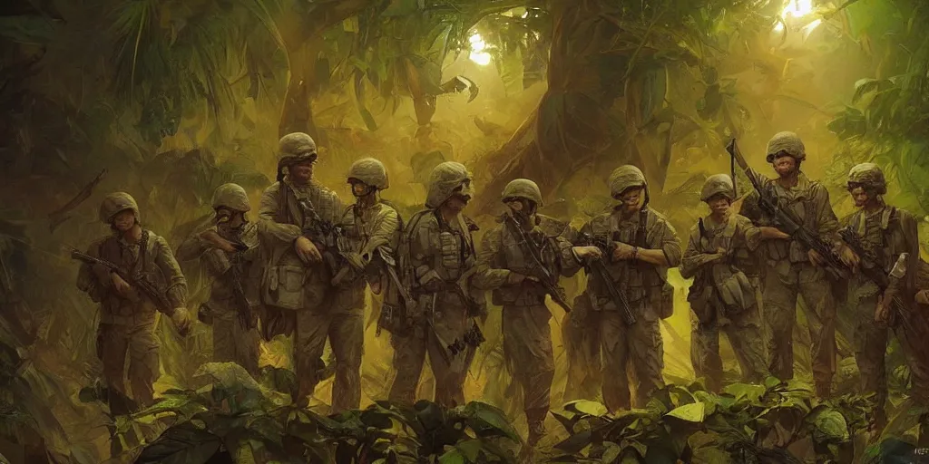 Image similar to a platoon of american soldiers on night patrol in the vietnamese jungle illuminated by napalm strike, beautiful, cinematic, art by artgerm and greg rutkowski and alphonse mucha and loish and wlop