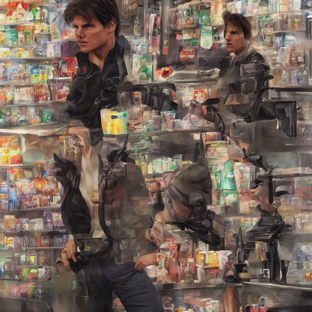 Prompt: Tom Cruise working as a 7/11 cashier, macro, dramatic, artstation, 8k, HD