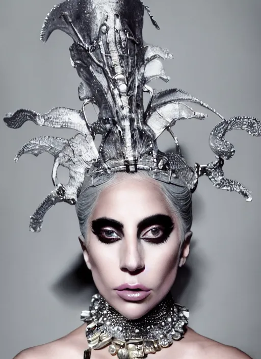 Image similar to lady gaga in an ancient themed photoshoot, nick knight, annie leibovitz, posing, style, vogue magazine, highly realistic. high resolution. highly detailed. dramatic. 8 k. 4 k.