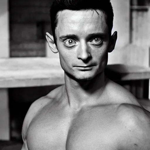 Prompt: elijah wood as arnold schwarzenegger, black and white photograph