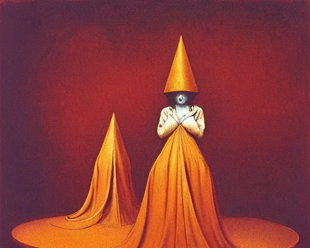 Image similar to devotion to the scarlet woman, priestess in a conical hat, coronation, ritual, sacrament, by francis bacon, beksinski, mystical redscale photography evocative, luxury, opulence, maximalism