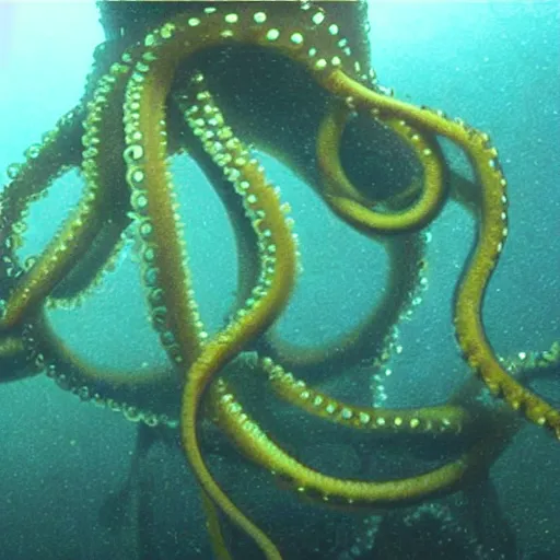 Prompt: underwater rov footage, long tentacle octopus squid tentacles