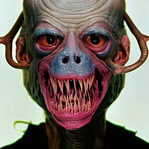 Image similar to closeup color 30mm film movie photograph of a 70-year old doctor wearing a surgical mask being smothered by a dangerous shape shifting alien creature, with multiple mutated snarling drooling human faces with a grotesque variety of gorey human and animal limbs protruding from its lower torso 1982