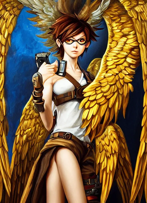 Prompt: full body oil painting of tracer overwatch in the style of sophie anderson, angel wings, angelic golden armor, dramatic painting, symmetrical composition, ornate, high detail, gold detailed collar, blooming, lights, flowers,