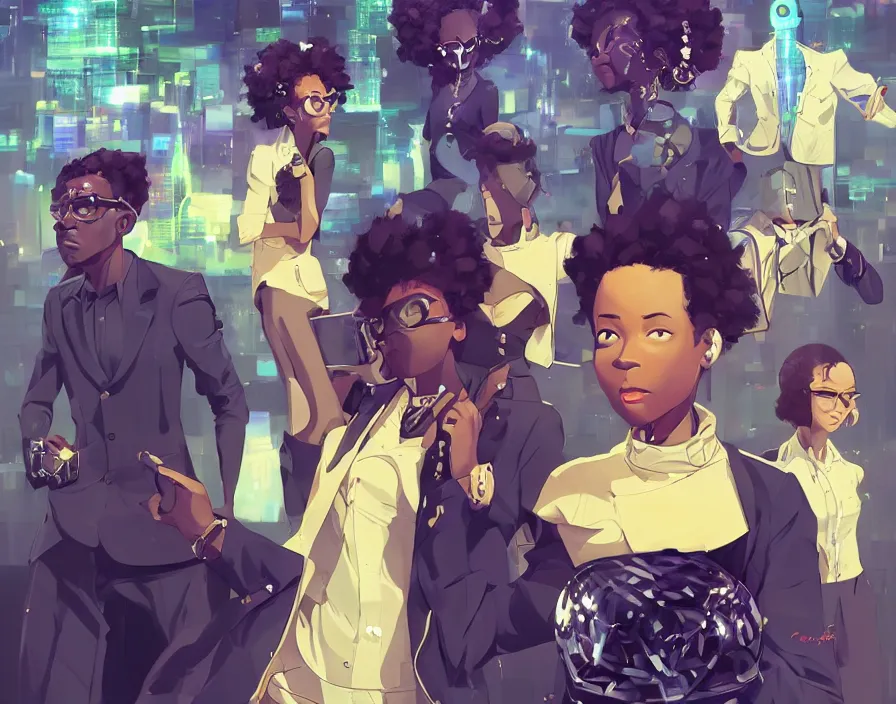 Image similar to afro - afrofuturism - futuristic philanthropists, business attire and money, cryto currency, hacking the financial multiverse | hyperrealistic digital art | by makoto shinkai, ilya kuvshinov, lois van baarle, rossdraws | afrofuturism, in the style of black is beltza, trending on artstation | dark color scheme