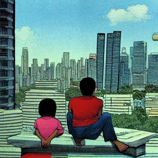 Prompt: art of two singapore students on the roof of a hdb flat, watching the skyline, by moebius