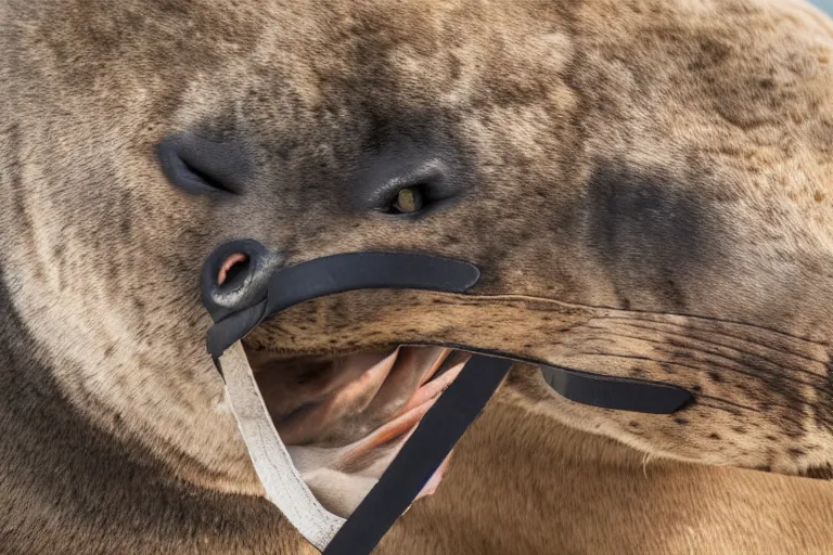 Prompt: professional photo of a sea lion body and canine wolf muzzle head strange chimera scientific