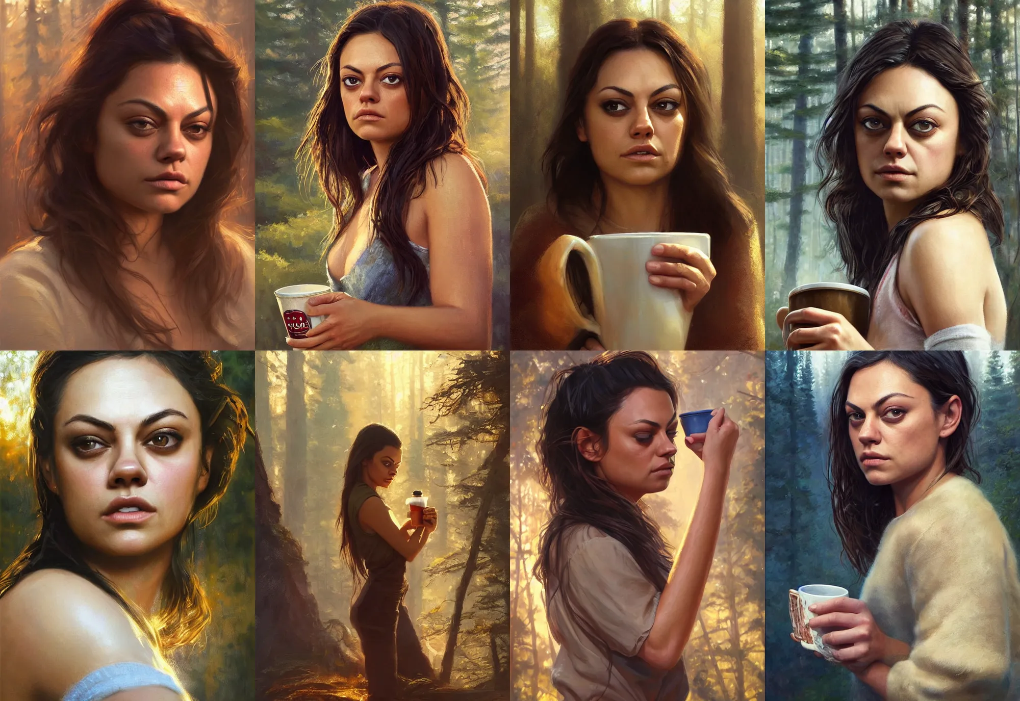 Image similar to close portrait of sleepy mila kunis waking up with coffee, dramatic light, morning golden hour, forest cabin background, 2 0 0 mm focal length, painted by stanley lau, painted by greg rutkowski, painted by stanley artgerm, digital art, trending on artstation