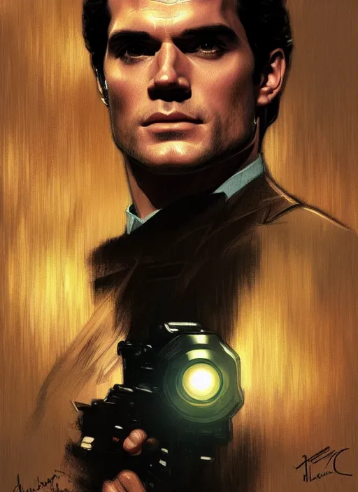 Image similar to portrait of henry cavill as james bond, casino, key art, running, highly detailed, digital painting, artstation, concept art, cinematic lighting, sharp focus, illustration, by gaston bussiere alphonse mucha