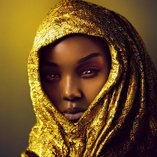 Image similar to a portrait of a young black woman wearing a long dark cloak, hood and shadows covering face, holding golden chains, oil painting, matte painting, black background, Volumetric Golden dappled dynamic lighting, Highly Detailed, Cinematic Lighting, Unreal Engine, 8k, HD, by Beksinski