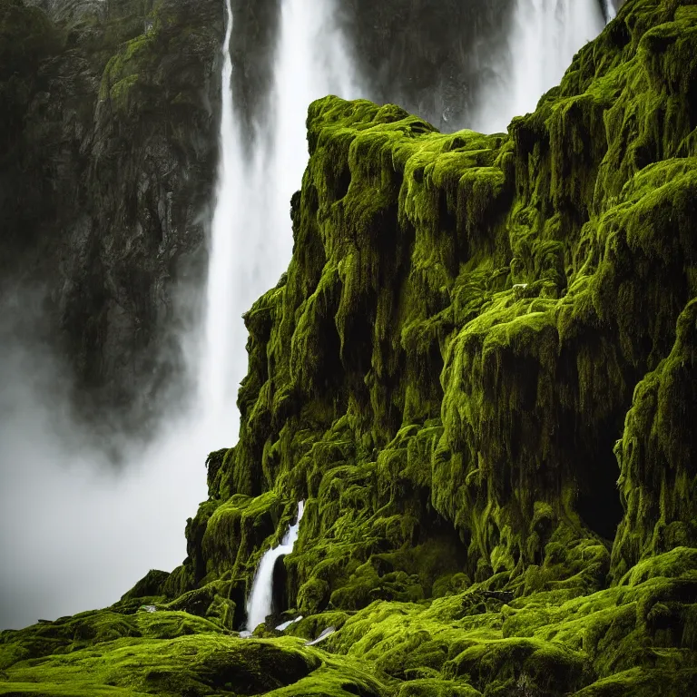 Image similar to dark and moody photo by ansel adams and wes anderson, a giant tall huge woman in an extremely long dress made out of waterfalls, standing inside a green mossy irish rocky scenic landscape, huge waterfall, volumetric lighting, backlit, atmospheric, fog, extremely windy, soft focus