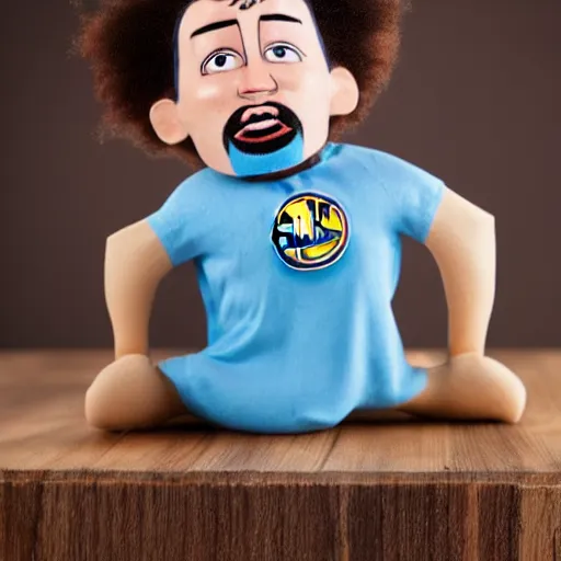 Image similar to stock photo of klay thompson troll doll on a wooden shelf