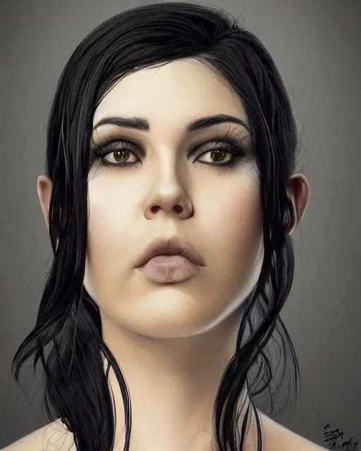 Image similar to portrait of a tall 4 0 - year - old woman with thin lips, long, lush black hair gathered on the head bun, and thick eyebrows, wearing in black clothes, aristocratic appearance, hyper realistic face, beautiful eyes, character art, art by mark brooks, hyperdetailed, cryengine, trending on artstation, digital art