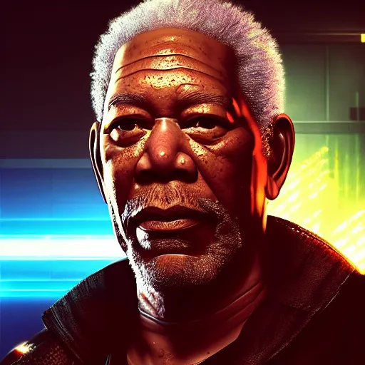 Image similar to morgan freeman portrait, cyberpunk 2 0 7 7, cyberpsycho, photorealistic, ultra detailed, neon, octane, bokeh, cyber, cyberpunk city, feature, scars, cyberface, 8 k