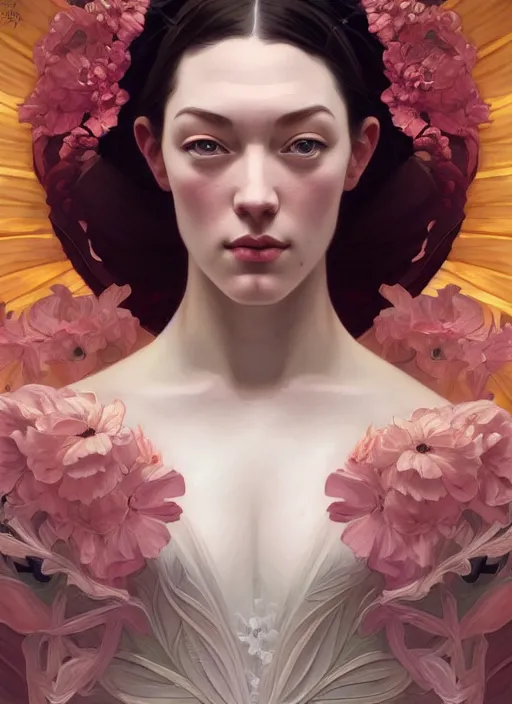 Prompt: symmetry portrait of floral stoya, intricate, elegant, highly detailed, digital painting, artstation, concept art, smooth, sharp focus, illustration, art by artgerm and greg rutkowski and alphonse mucha, 8 k