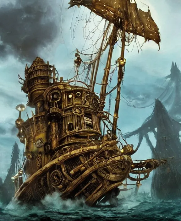 Image similar to an epic fantasy concept of a steampunk davy jones on the flying dutchman