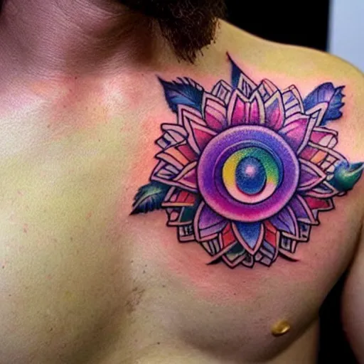 Image similar to shoulder tattoo of a multicolored meditating cute bush baby, eyes are sparkeling rainbow spirals, glowing chakra symbols, surrounded with colorful lotus leaves, insanely integrate