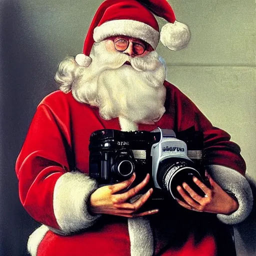 Prompt: Father Christmas taking a photograph with a Nikon camera Painted by Caravaggio