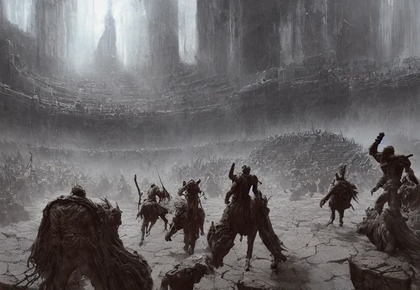 Image similar to ancient arena, surrounded by gladiators, gritty, beksinski, wayne barlowe, ruan jia, dark soul concept art, the hobbit concept art