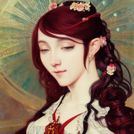 Image similar to a beautiful portrait of hatsune miku with long black and deep red colored hair dressed as a 1 6 th century european noblewoman, intricate, elegant, highly detailed, digital painting, artstation, concept art, matte, sharp focus, illustration, art by greg rutkowski and alphonse mucha