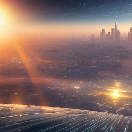 Image similar to gigantic city seen from spce with cinematic light, 8 k landscape render, space japan mech in the space, ice planet, sunset, sunrays