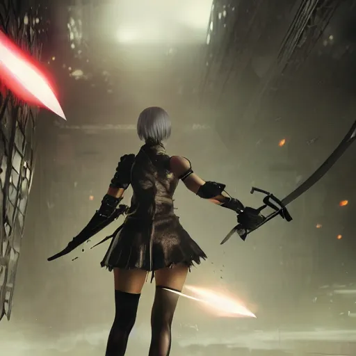 Prompt: realistic render of Nier Automata with katana, dramatic lighting, explosions in background, 4k