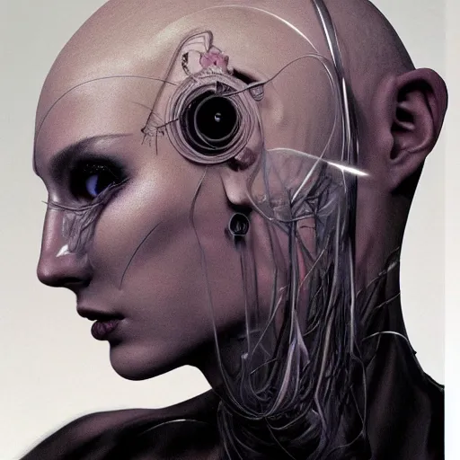 Image similar to portrait of eerily beautiful hairless avant-garde androgynous cyborg with shaved head and H.R. Giger clear tubes entering the side of her head and cheek, by Yoshitaka Amano