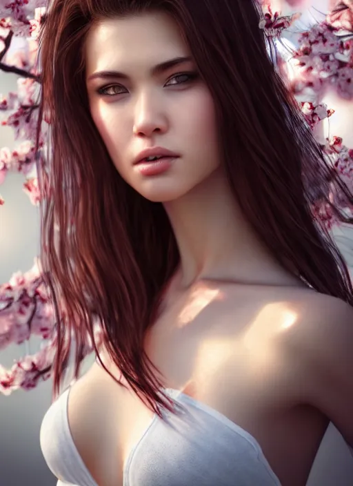 Image similar to photo of a gorgeous female with messy hair in the style of stefan kostic, realistic, body shot, sharp focus, 8 k high definition, insanely detailed, intricate, elegant, art by stanley lau and artgerm, cherry blossoms