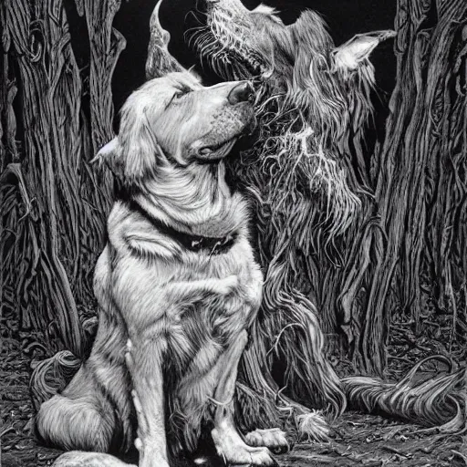 Image similar to the dogs of doom are howling, Michael Whelan, comic art, pen and ink, black and white