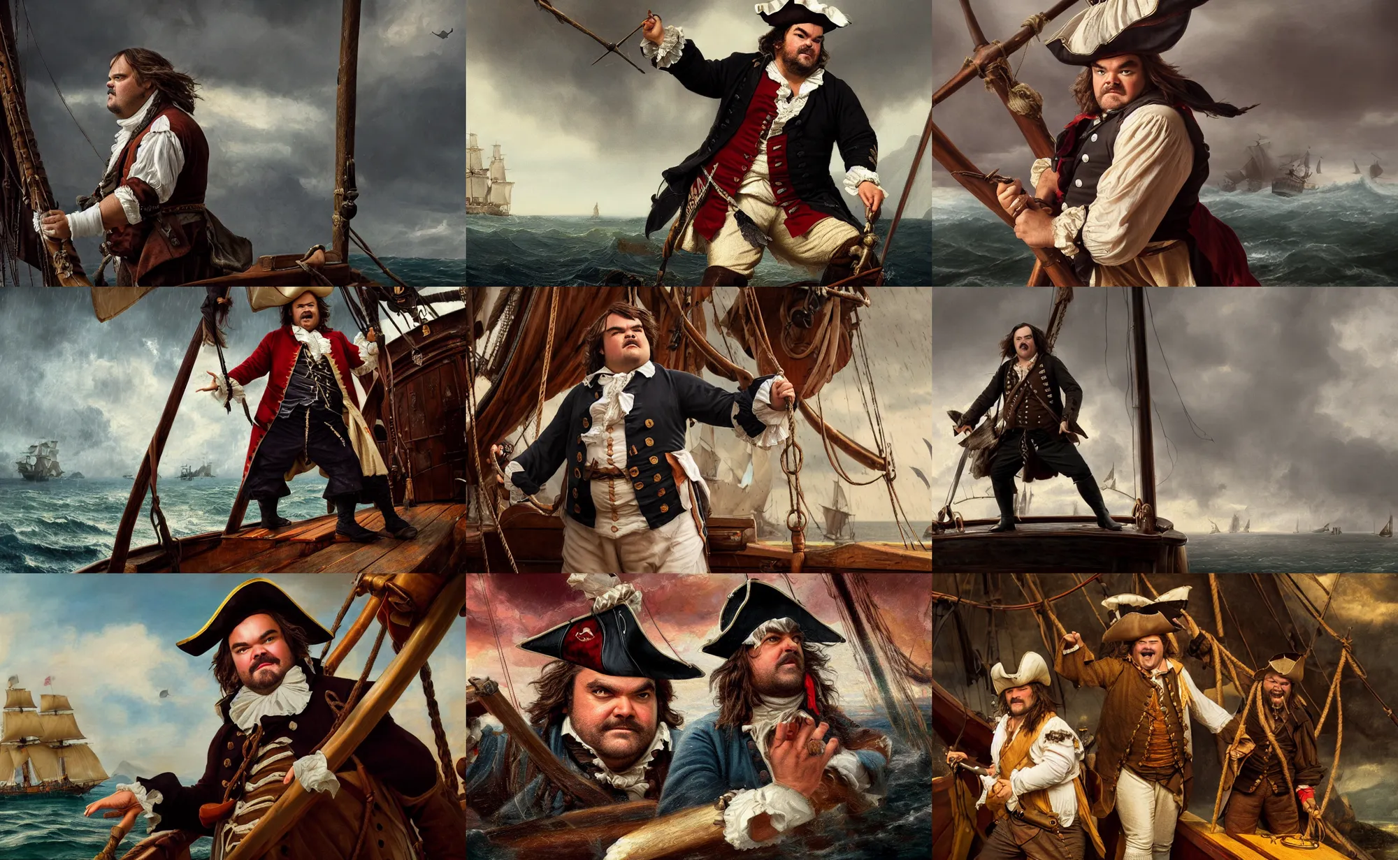 Prompt: cinematic artwork of jack black as an 1 8 th century pirate on a shipby greg rutowski, 4 k, masterpiece, raining