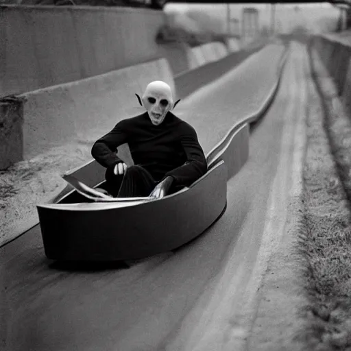 Image similar to portrait of nosferatu is doing bobsleigh alone, sport photography