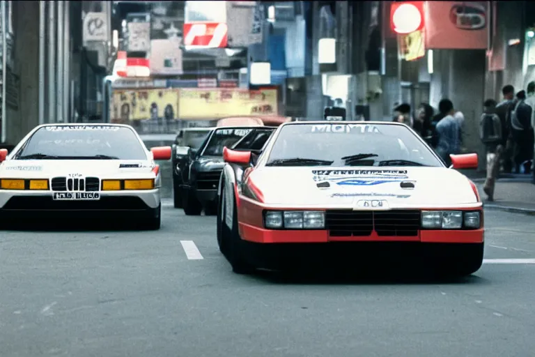 Image similar to single racecar 1 9 8 8 lancia 0 3 7, audi quattro, bmw m 1, 9 1 1, movie still, vintage footage on tokyo streets, volumetric lighting, f 8 aperture, cinematic eastman 5 3 8 4 film