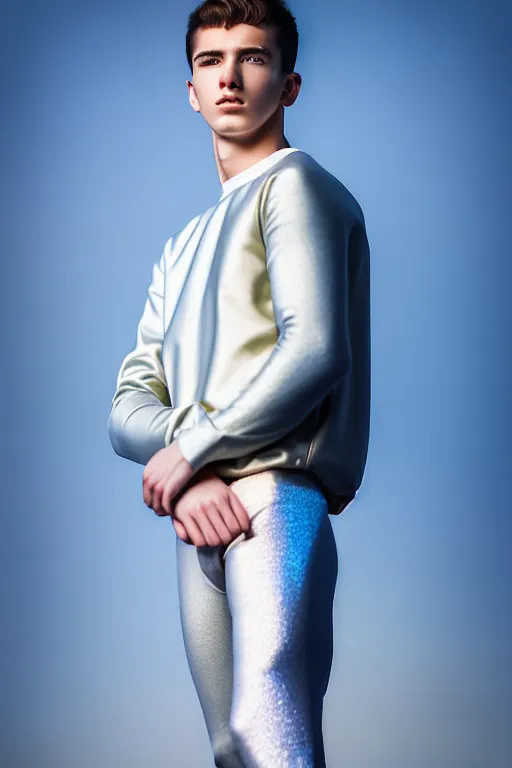 Image similar to un ultra high definition studio quality photographic art portrait of a young man standing on the rooftop of a british apartment building wearing soft padded silver pearlescent clothing. three point light. extremely detailed. golden ratio, ray tracing, volumetric light, shallow depth of field. set dressed.