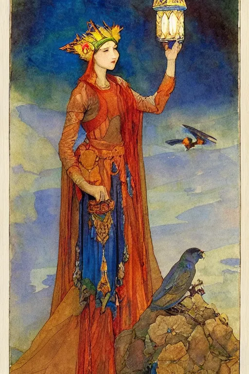 Image similar to queen of the dawn with her lantern and birds, by Annie Swynnerton and Nicholas Roerich Edmund Dulac, elaborate headdress and embroidered velvet, iridescent beetles, rich color, dramatic cinematic lighting, extremely detailed