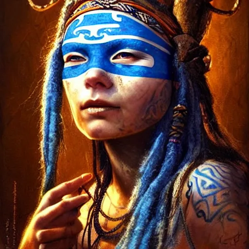 Image similar to A young blindfolded shaman woman with a decorated headband, in the style of heilung, blue hair dreadlocks and wood on her head, tribal piercing and tatoos , atmospheric lighting, intricate detail, cgsociety, ambient light, dynamic lighting, art by karol bak