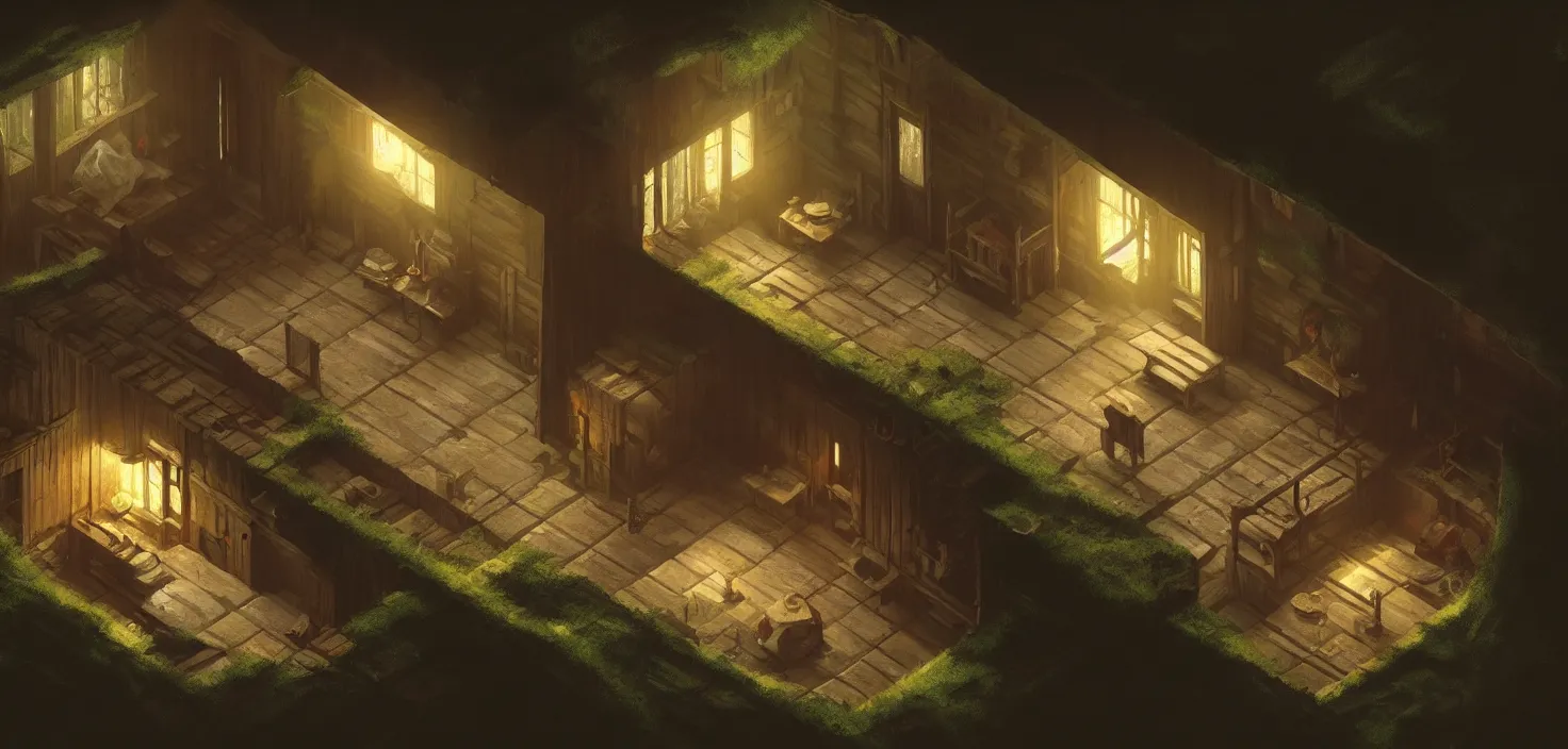 Image similar to concept art of an inside of a cabin in the woods, isometric view, detailed, volumetric lighting, style of greg rutkowski