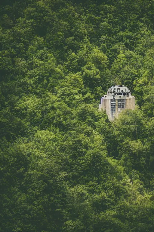 Image similar to sci fi nuclear containment buildings in a steep sided valley with trees, madman in gasmask fighting mutants, a sense of hope and optimism, birds overhead, stark light, day time, unsplash, national geographic, hd, high res
