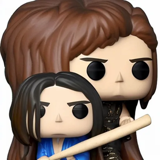 Image similar to a Funko Pop collectible of Ozzy Osbourne. long hair. holding a bat with wings in one hand