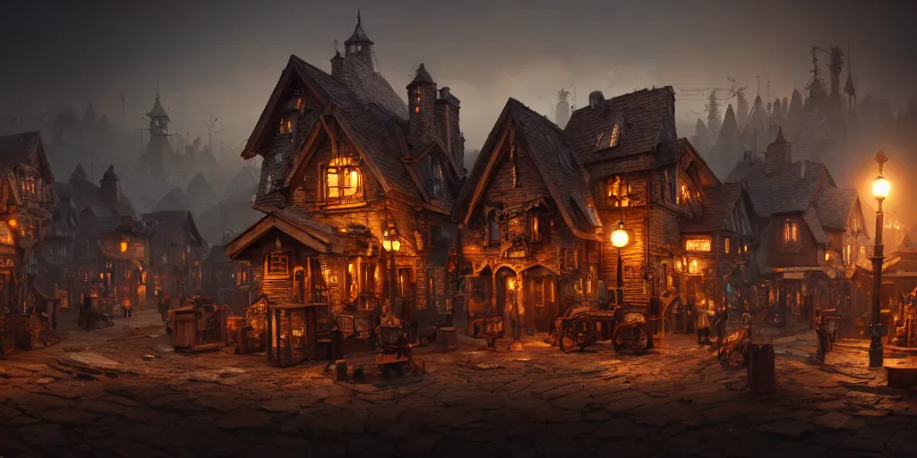 Image similar to a small steampunk wooden village, rich, cyborgs, dark aesthetic, soft colours, natural, steam, big clocks, concept art, octane render, unreal engine, in the style of luca guadagnino, highly detailed, high quality, artstation, digital art, 8 k hdr, cinematic, dramatic lighting, scenic, rich colour scheme