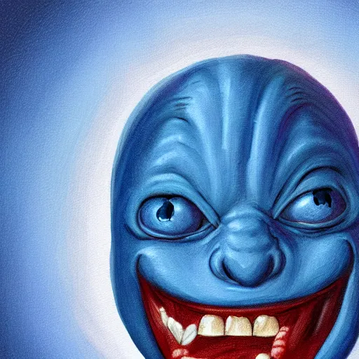 Prompt: portrait of a fat blue alien. big friendly smile. character concept art. science fiction illustration. close up of the face. key panel art graphic novel. detailed face, beautiful colour palette. digital painting.