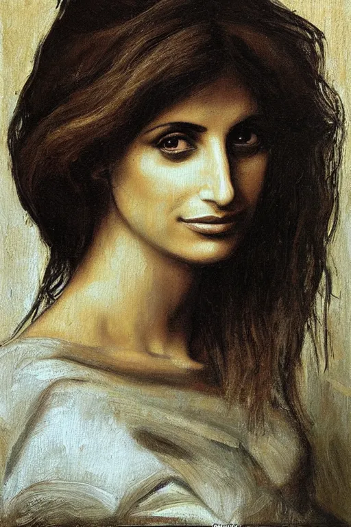 Image similar to oil painting, portrait of penelope cruz, artwork by leonardo da vinci