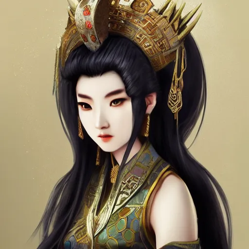 Image similar to ancient dynasty princess, dynasty warriors, cute face, 8 k beautiful, elegant, grafity, c 4 d, digital painting, smooth, concept art, in style of pan ren wei, aesthetic